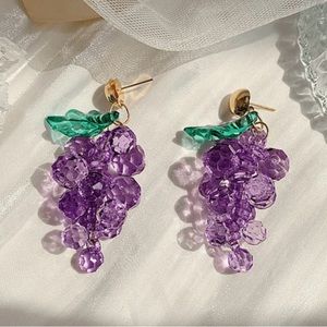 “Lucille” Gorgeous Grapes Clear Crystal Clustered Beads Luscious Fruit Earrings